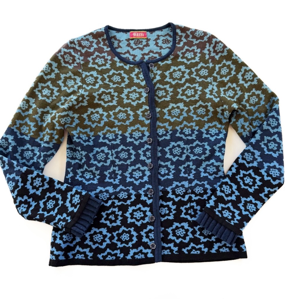 Oleana Cardigan Sweater Womens Small Silk Wool Nordic Blue Ombré Made Norway